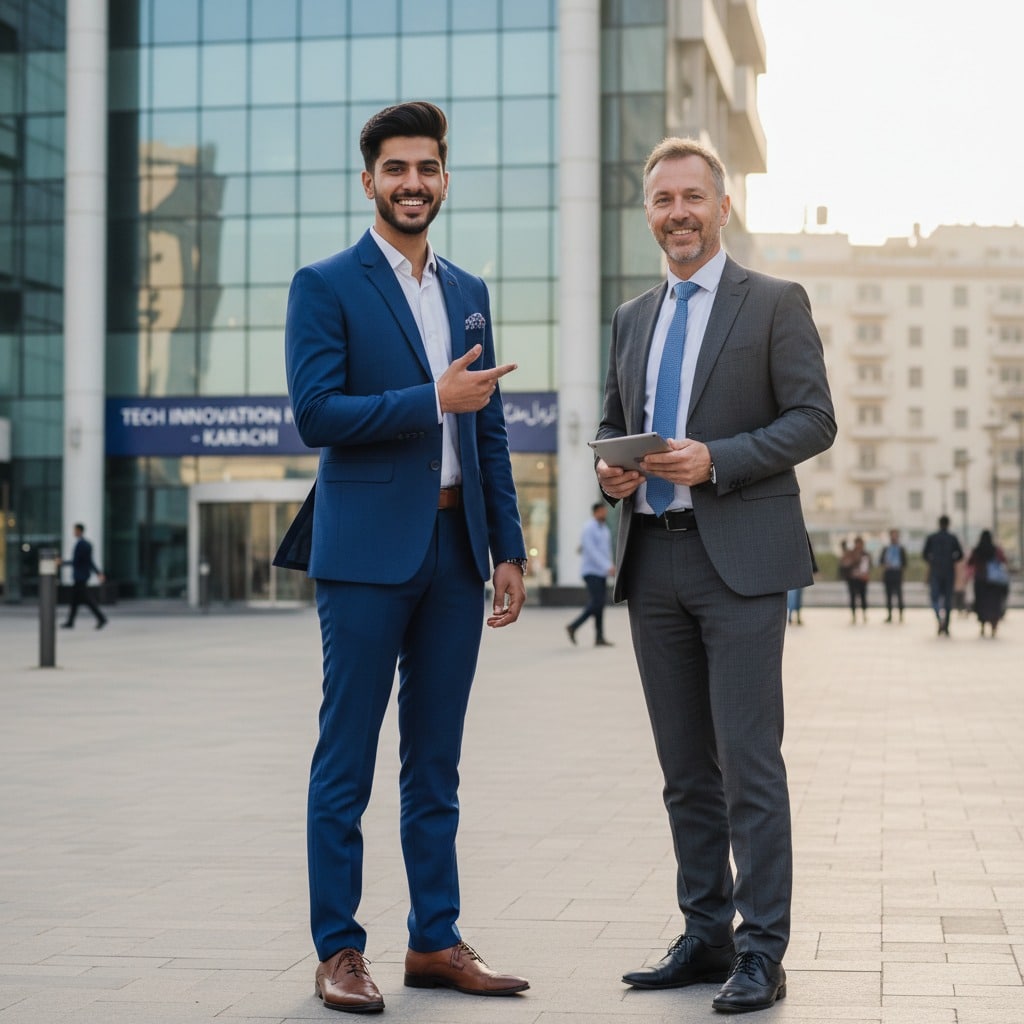 Two businessmen in suits stand outside a modern office building, with the younger man pointing to the side and the older man holding a tablet.